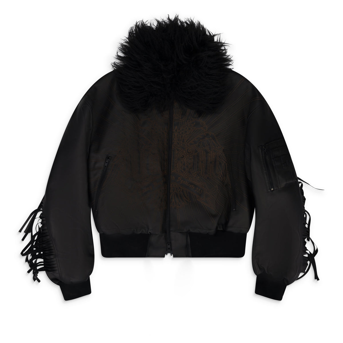 Black Faux Leather Detachable Fur Fringe Bomber Jacket