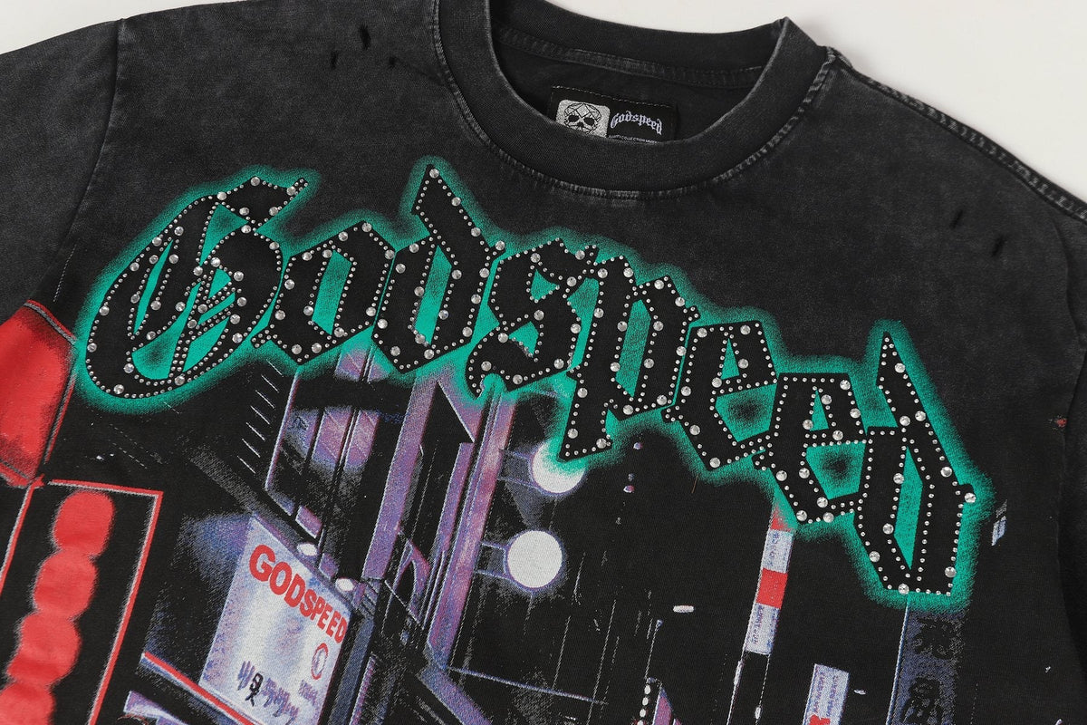 Godspeed City Car Rhinestone Graphic T-Shirt