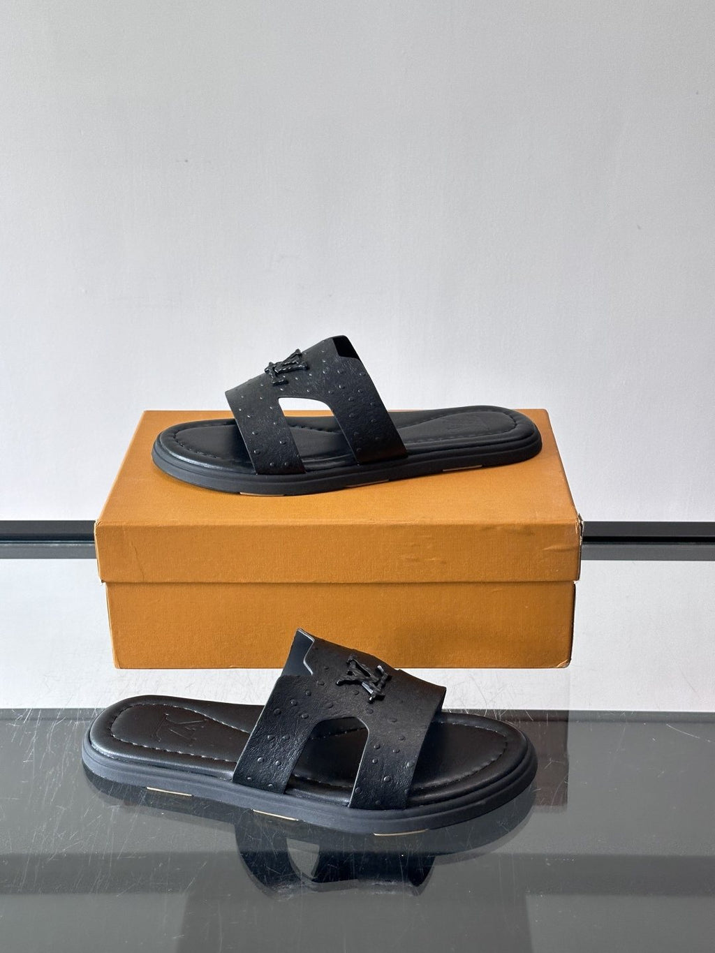 Louis Vuitton Black Embossed Slide Sandals - Rubber Sole