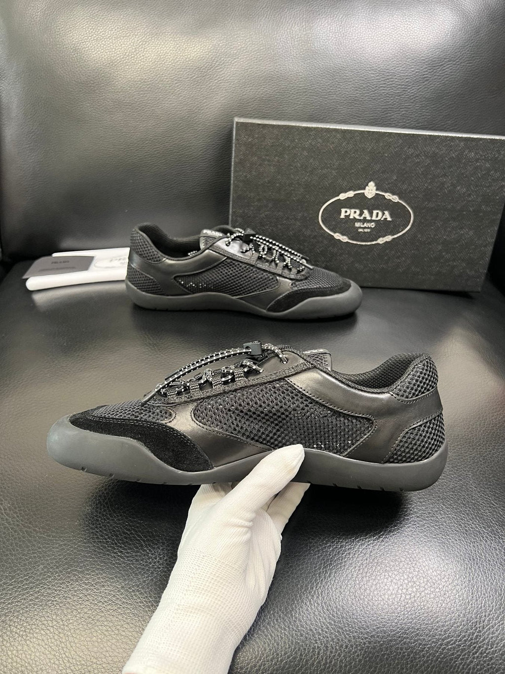 Prada Men's Black and Charcoal Gray Sneakers