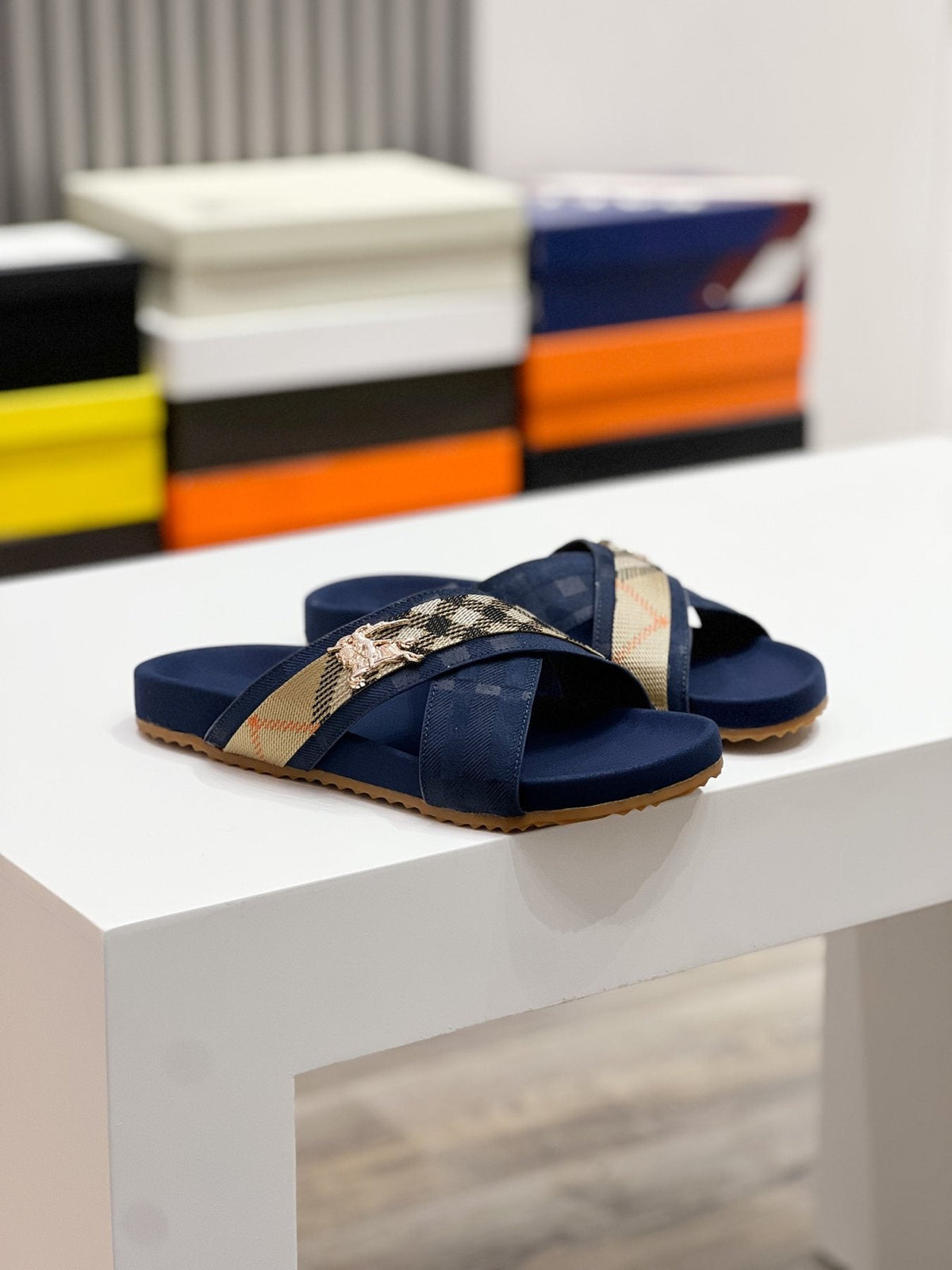 Burberry Men's Check Cross-Strap Slide Sandals